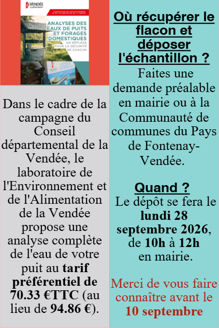 Pour rappel, l’utilisation de l’eau de puits destinée à la consommation humaine nécessite une déclaration en mairie accompagnée d’une analyse sanitaire de la qualité de l’eau.